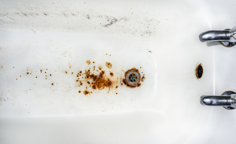 An old, rusty abandoned enamel bath tub.