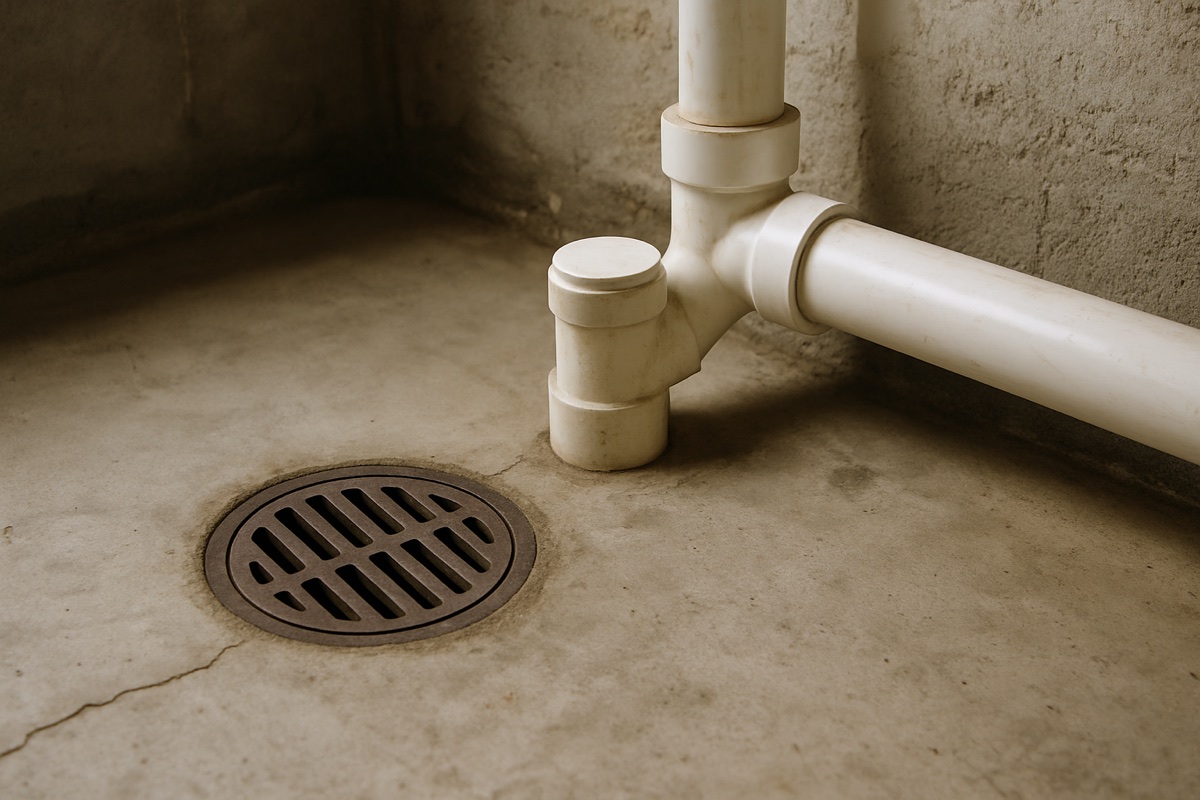 Basement floor drain and PVC drain line in an Oshawa home