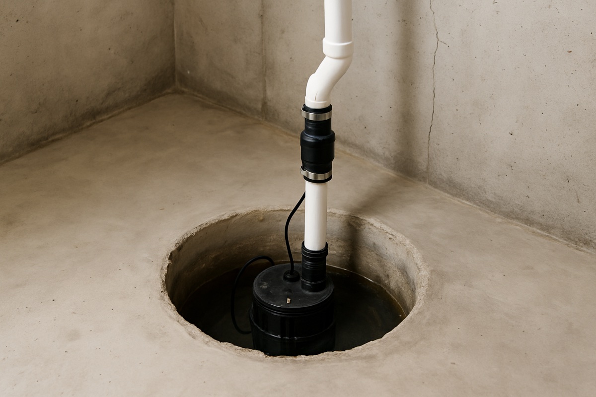 Sump pump installed in a basement sump pit before summer storms in Oshawa