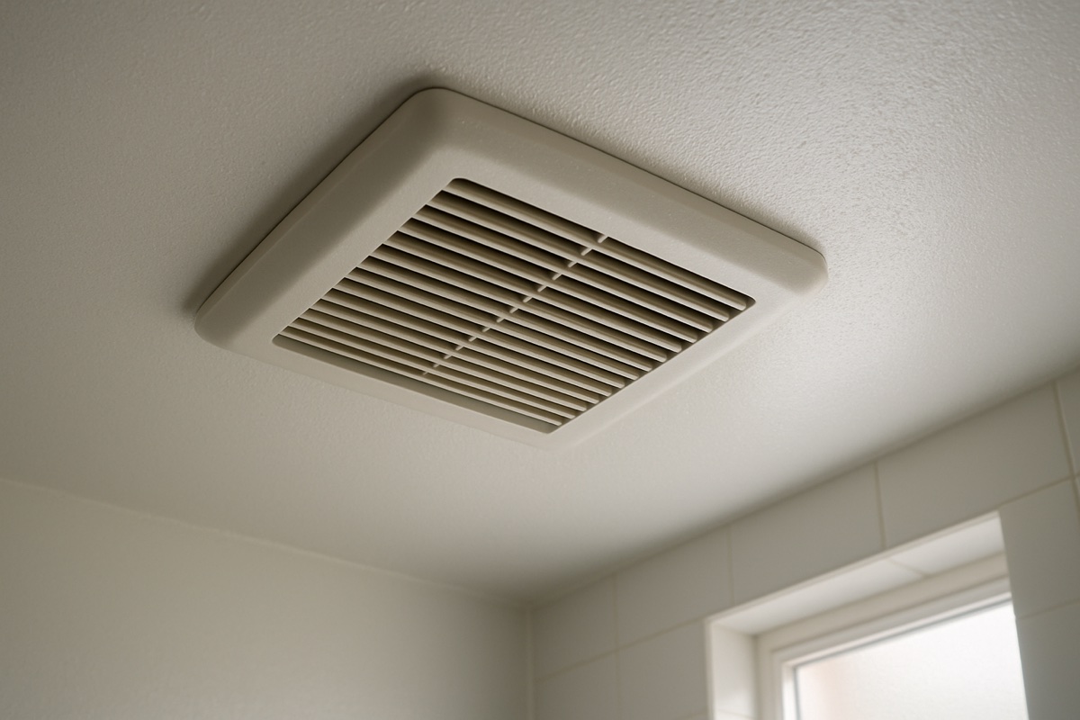 Bathroom ceiling exhaust fan vent showing moisture warning signs