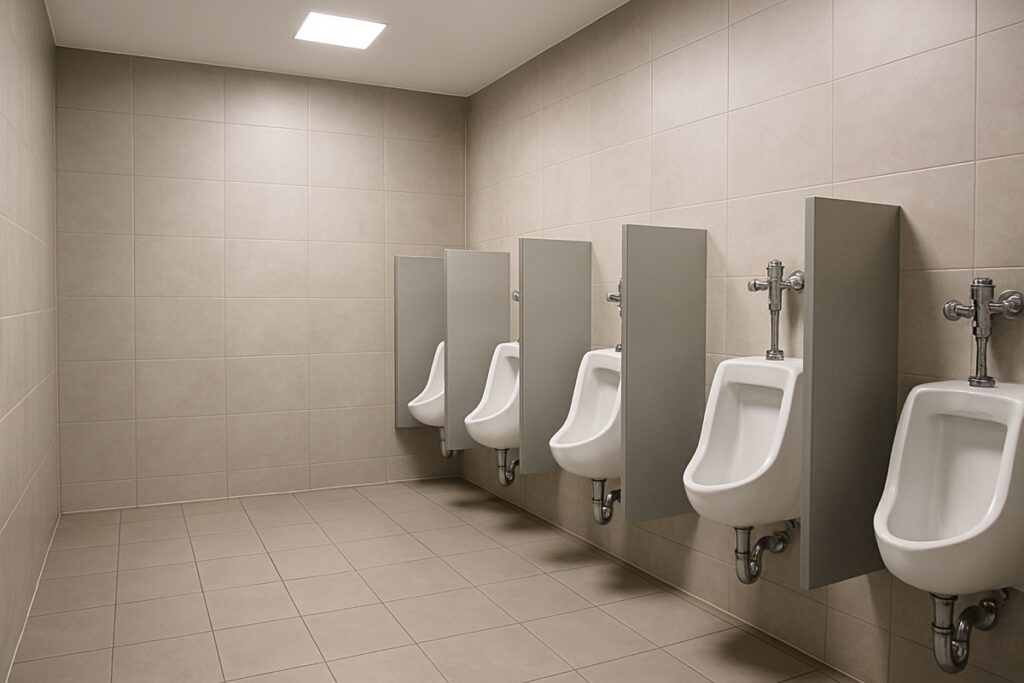 Commercial washroom with urinals and chrome flush valves after plumbing upgrades in Clarington