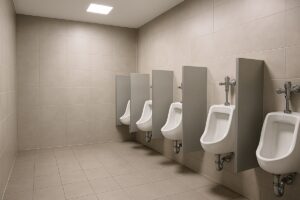 Commercial washroom with urinals and chrome flush valves after plumbing upgrades in Clarington