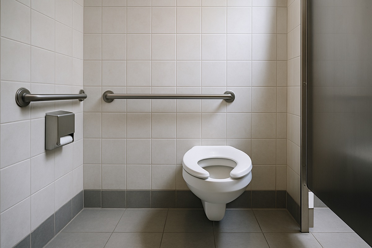 Accessible commercial washroom stall with a stainless steel grab bar