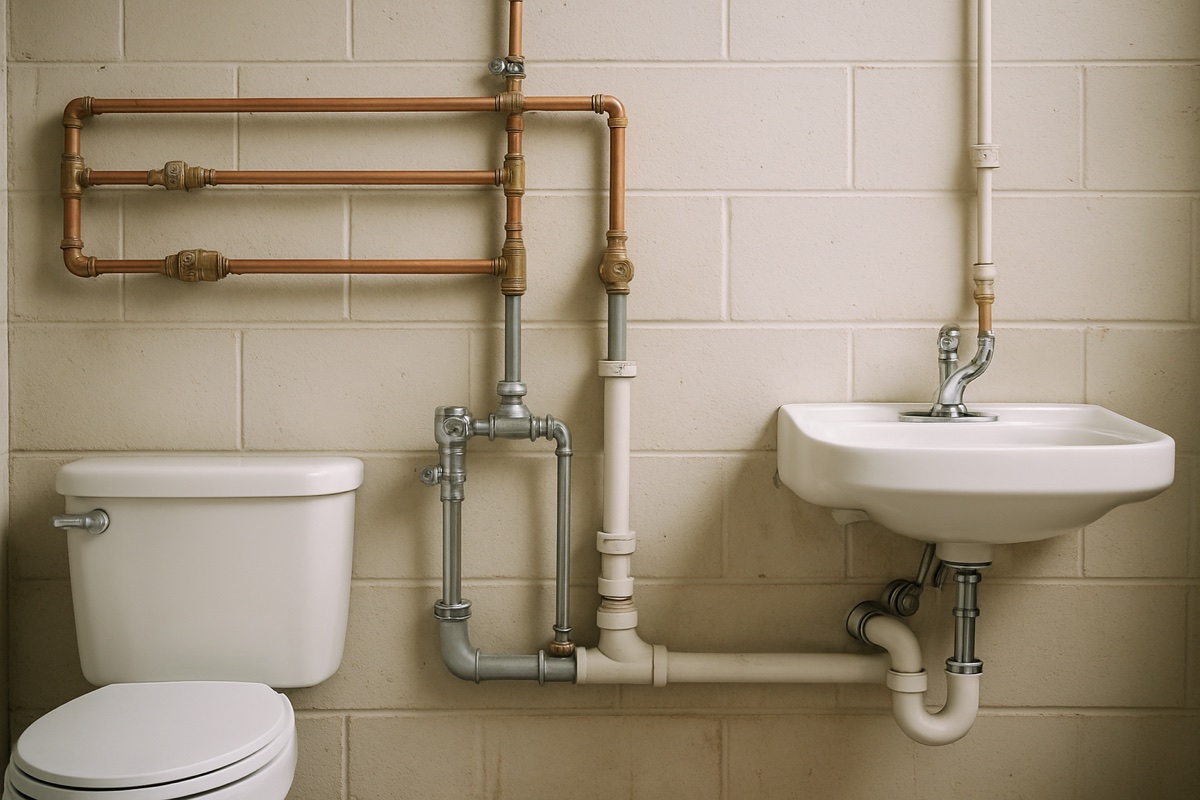 Exposed copper and PVC commercial plumbing pipes with shutoff valves