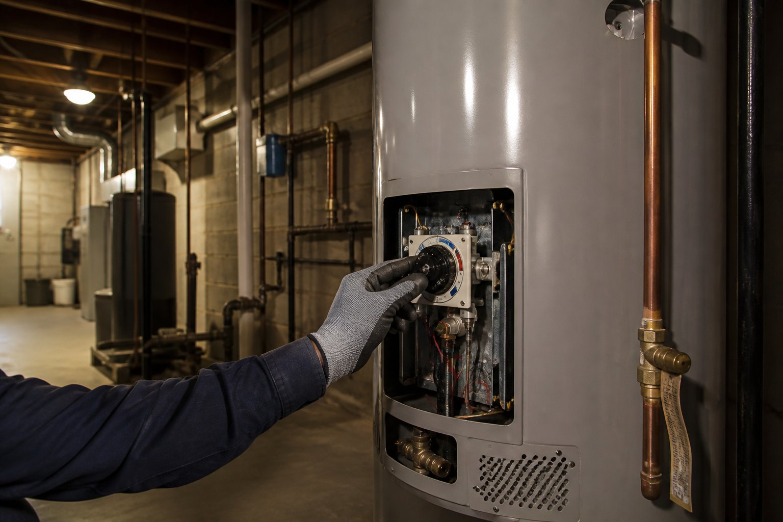 Plumber adjusting a water heater thermostat dial during a maintenance visit