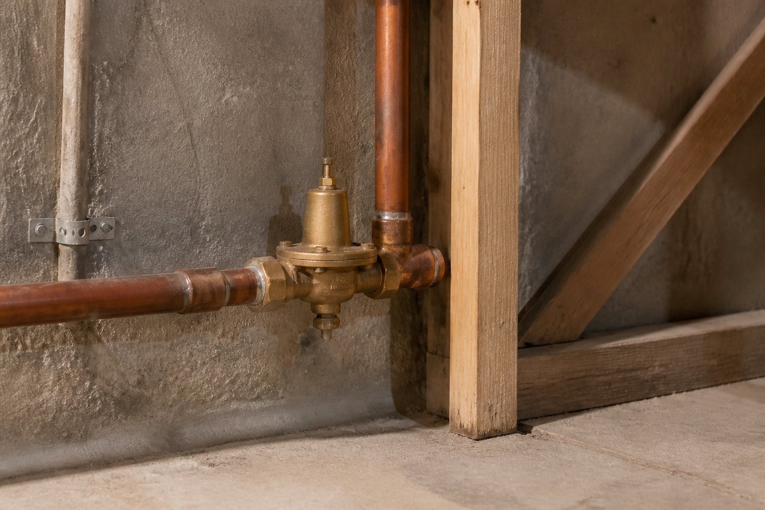 Brass pressure-reducing valve installed on a copper water supply line entering a basement.