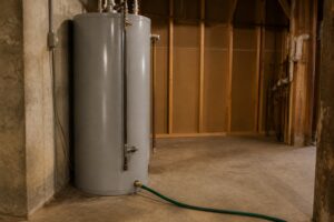 Residential gas water heater tank with a garden hose connected to the drain valve for a flush