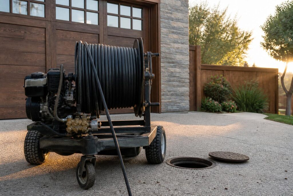 Hydro jetting machine with hose reel parked next to an open drain cleanout access point.
