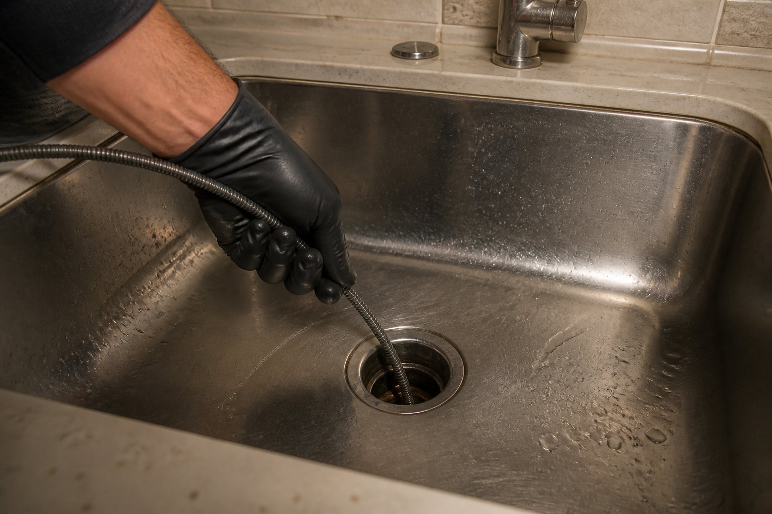 Gloved hand feeding a drain snake into a kitchen sink drain during maintenance