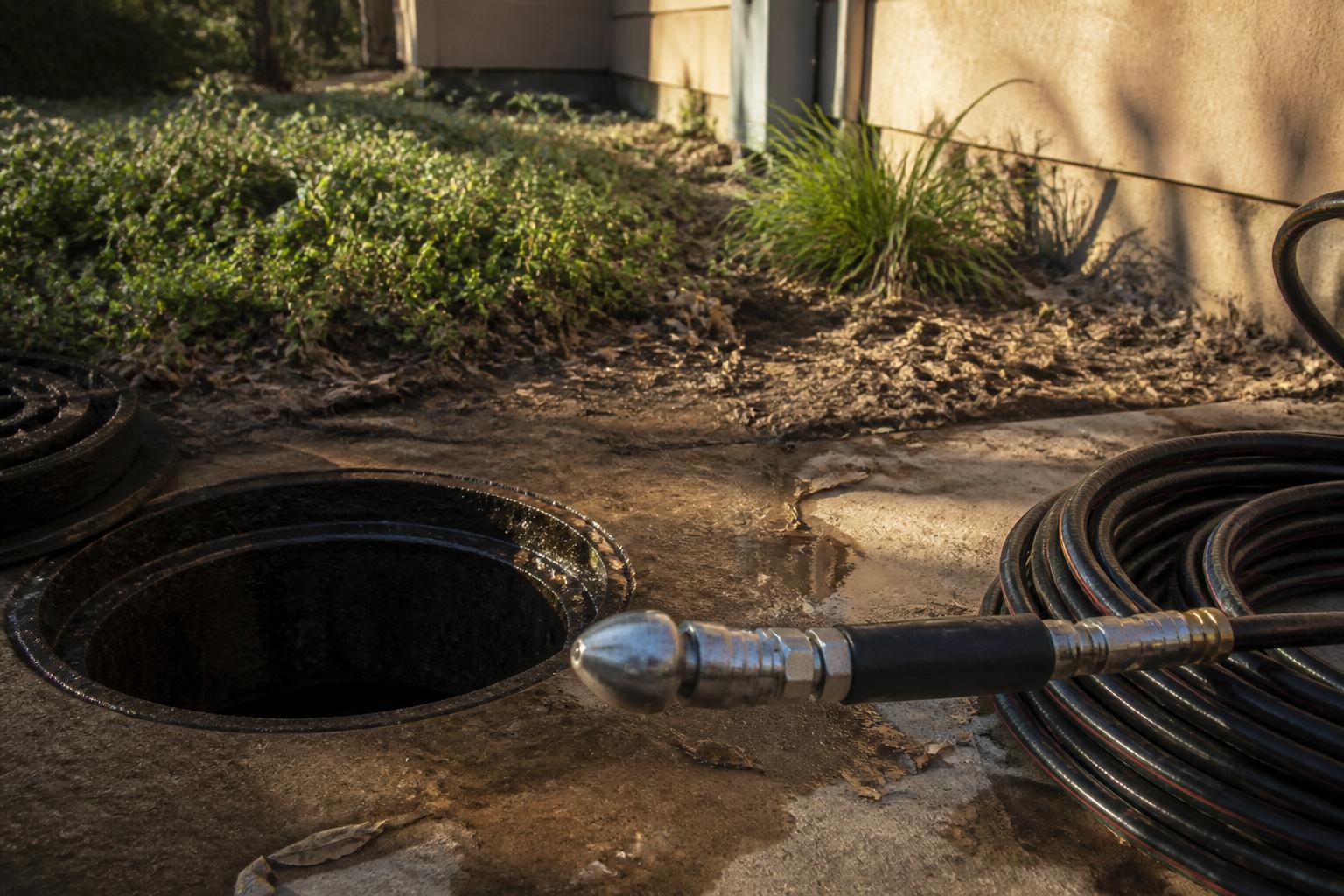 High-pressure hydro jetting nozzle and coiled hose next to an underground drain cleanout.