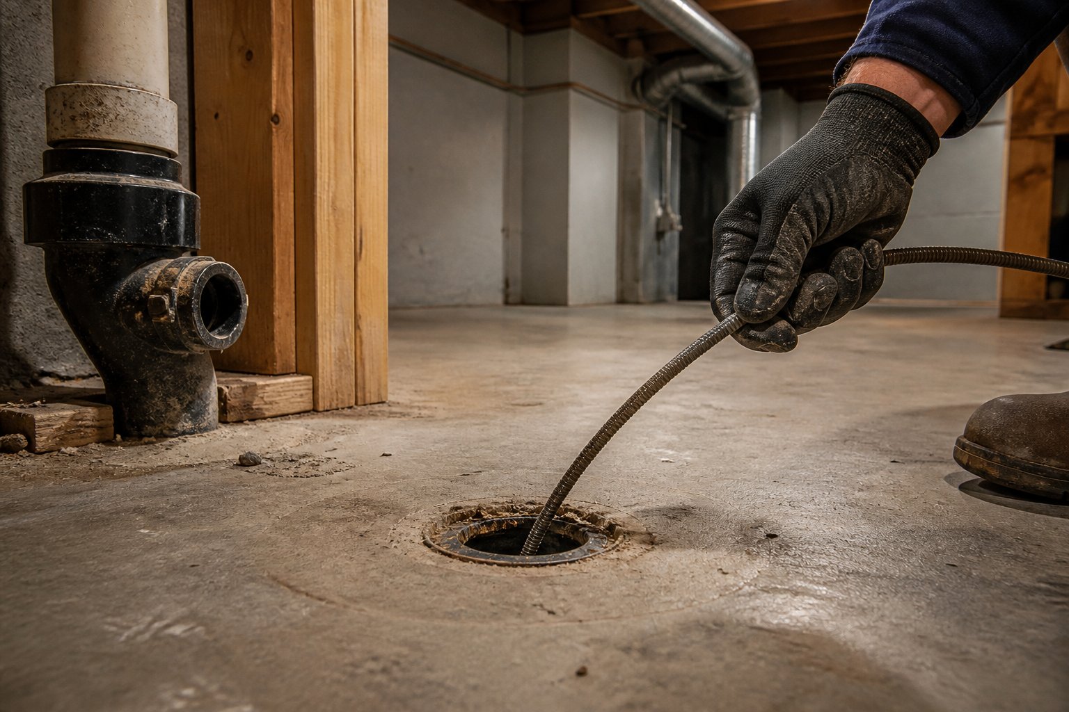 Plumber feeding a drain snake cable into a floor cleanout pipe in a basement.