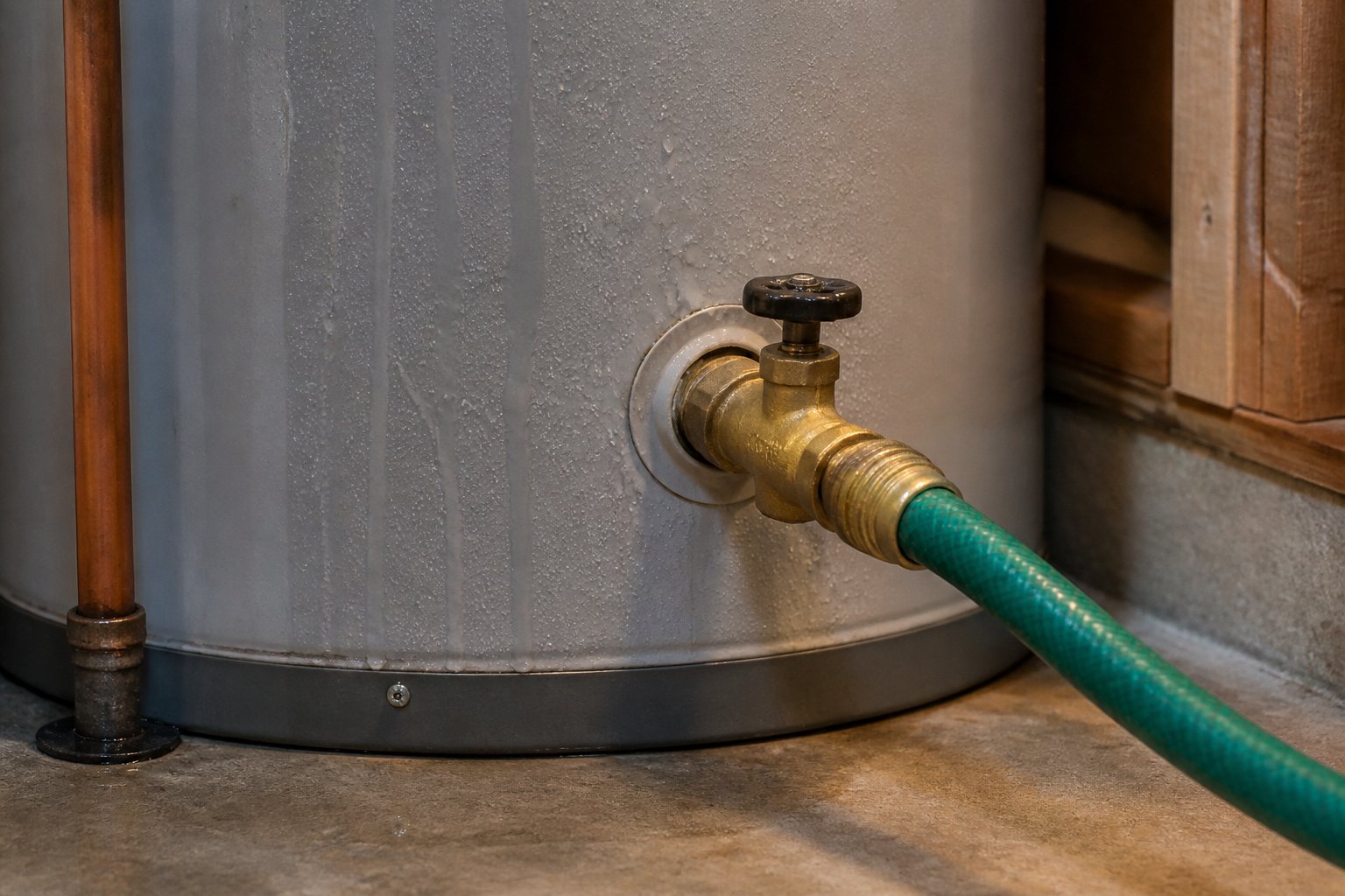 Close-up of a water heater drain valve with a green garden hose attached
