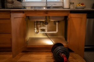 Plumber's drain snake positioned under a kitchen sink before a fall drain cleaning service in Oshawa