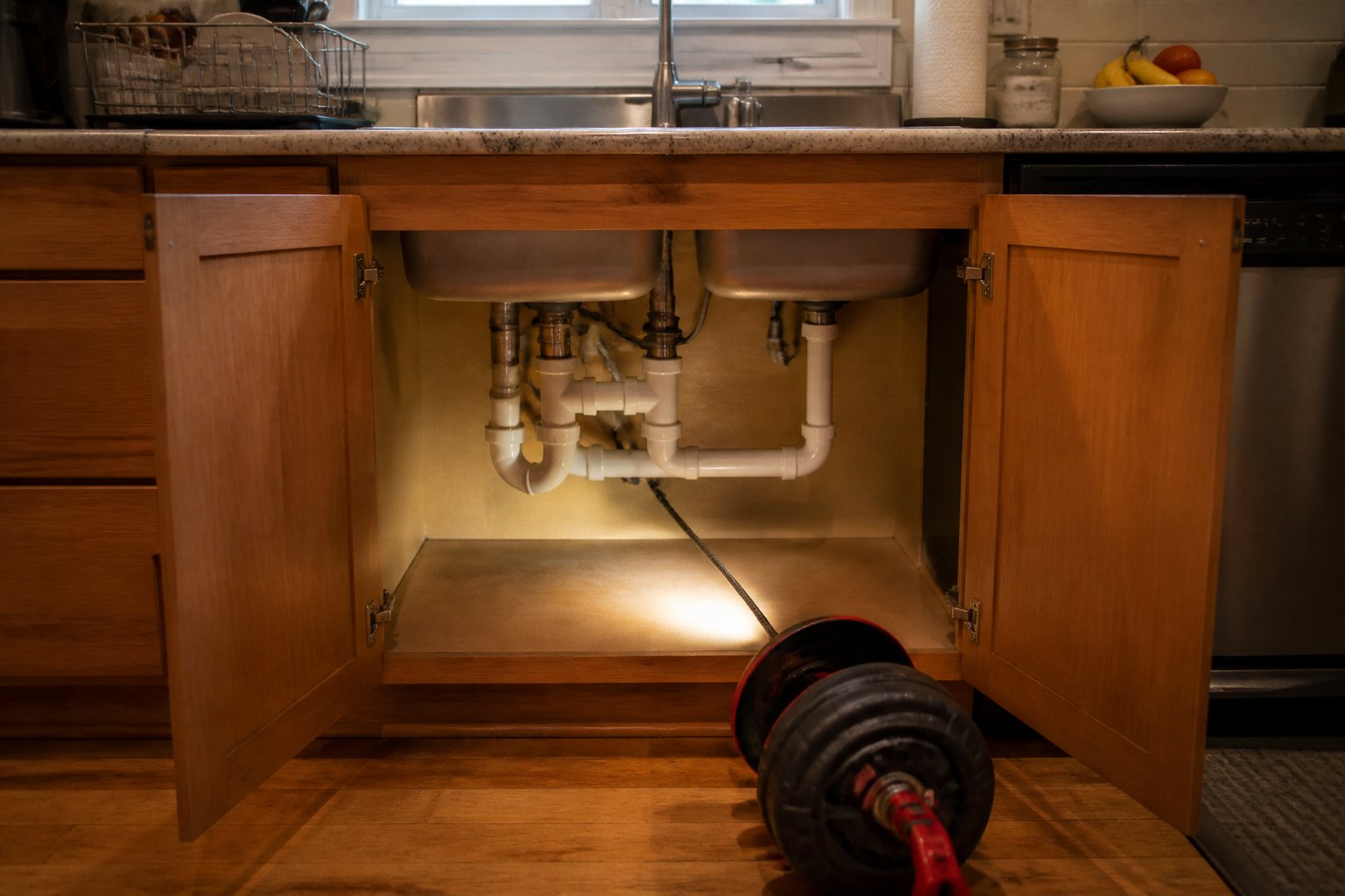 Plumber's drain snake positioned under a kitchen sink before a fall drain cleaning service in Oshawa