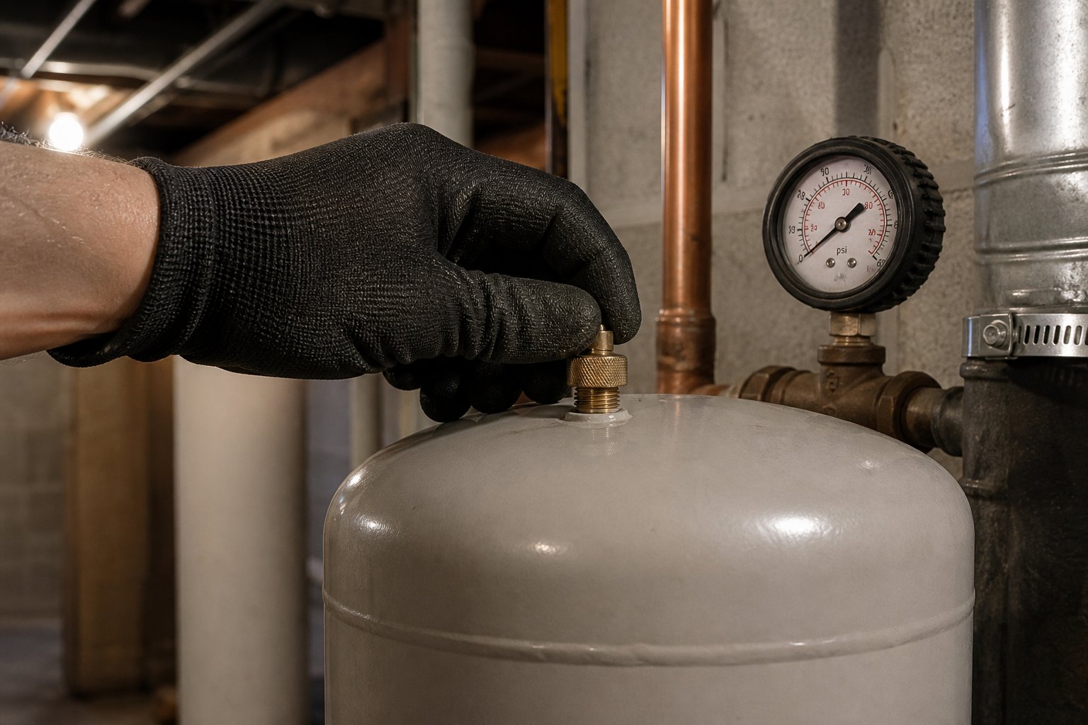 Plumber checking the air pre-charge valve and pressure gauge on a water heater expansion tank.