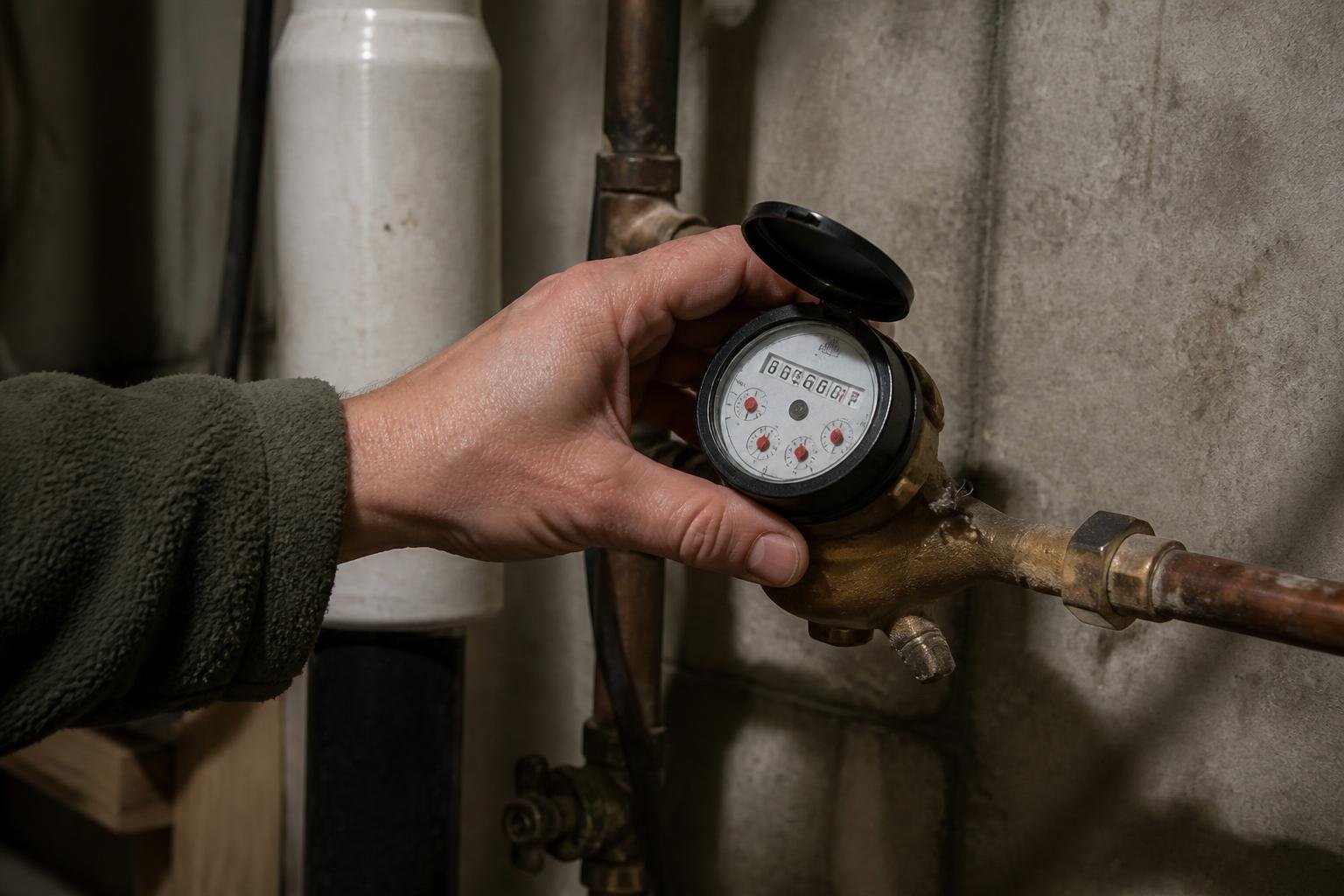 Homeowner checking a residential water meter dial to test for a hidden leak