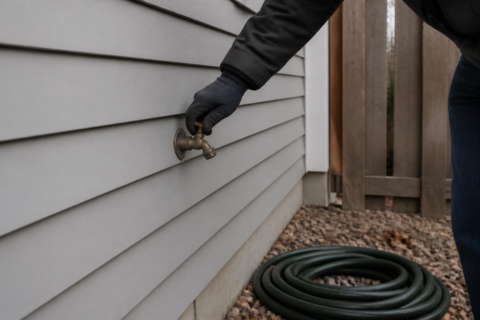 Closing an exterior hose bibb shutoff valve before winter to prevent frozen pipes