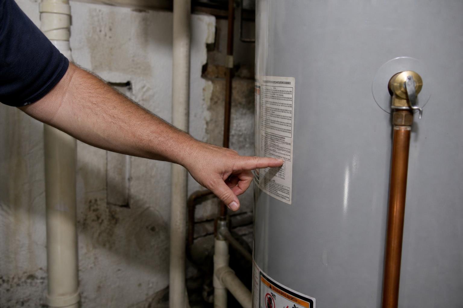 Plumber checking the manufacture date rating plate on a residential water heater tank