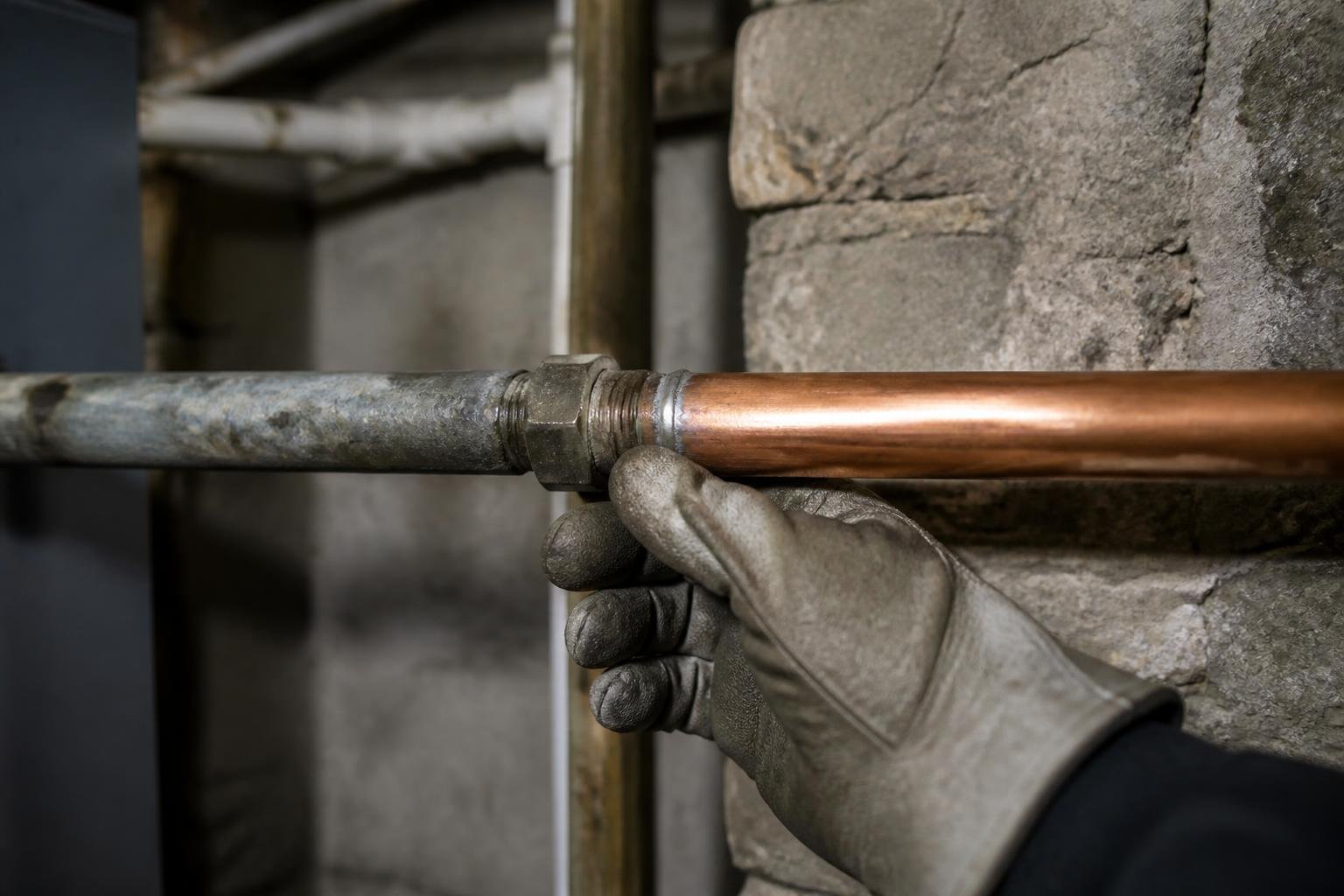 Plumber examining a joint where older galvanized pipe meets newer copper pipe in a basement