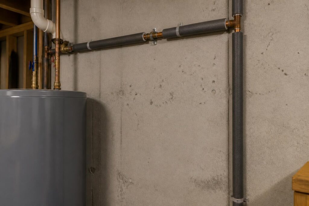 Foam pipe insulation sleeves on exposed copper water pipes in a Durham Region basement
