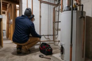 Plumber inspecting pipes and a water heater in a residential basement during a home walkthrough