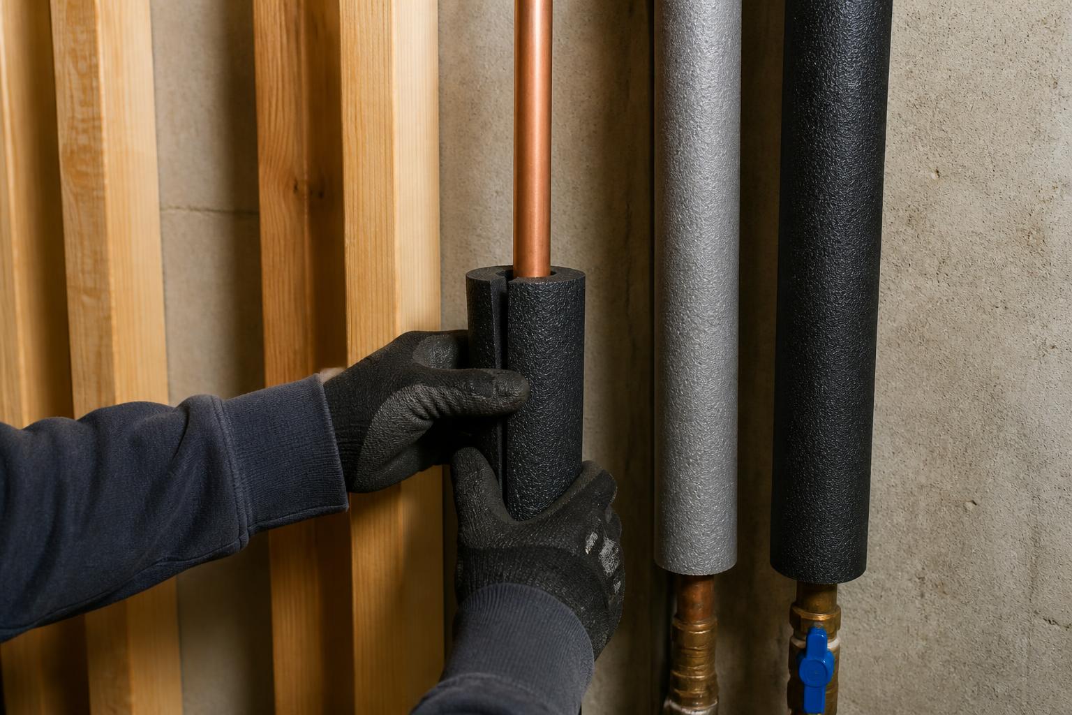 Plumber wrapping foam pipe insulation around an exposed copper supply line in a basement