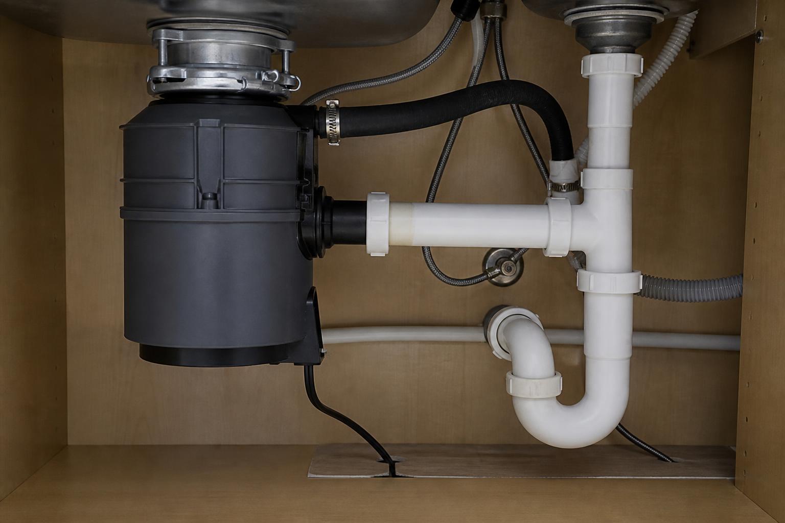 Garbage disposal unit connected to a kitchen drain trap and dishwasher inlet line under a sink