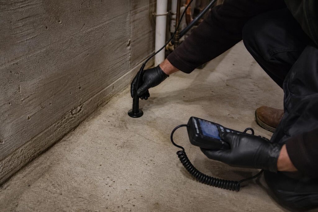 Plumber using a leak detection device on a concrete basement floor to locate a slab leak