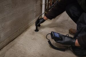 Plumber using a leak detection device on a concrete basement floor to locate a slab leak